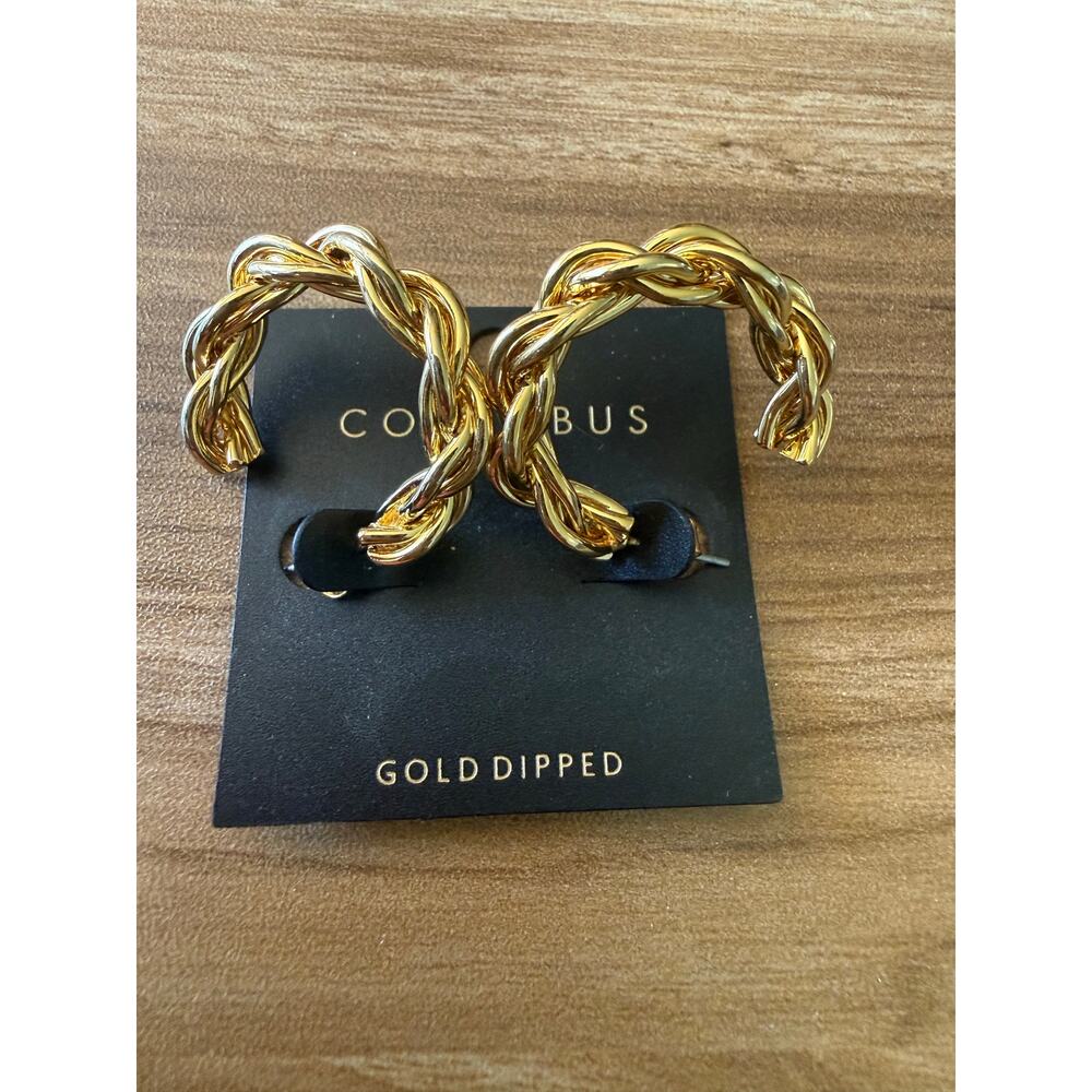 NWT Columbus Gold Dipped Rope Textured Hoops - Picture 2 of 3